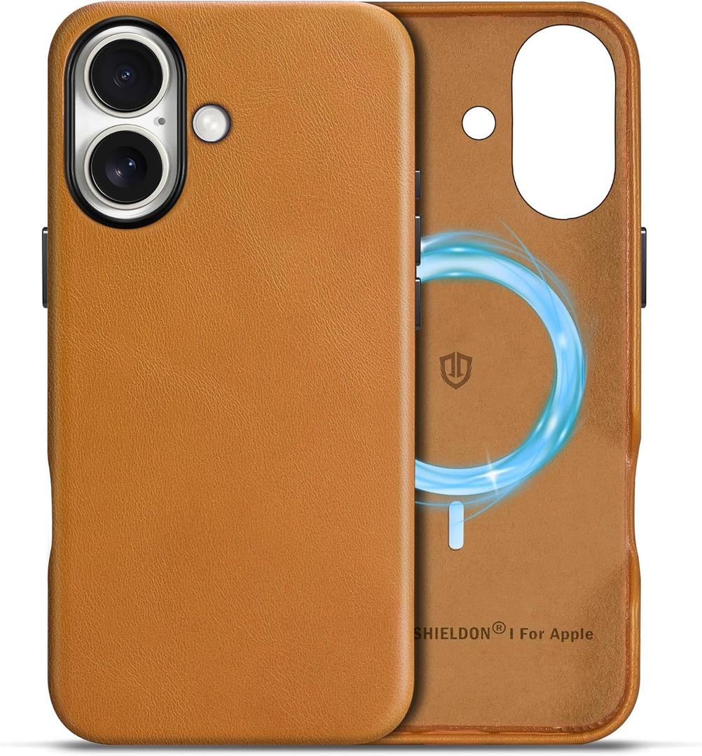 SHIELDON Case for iPhone 16, Genuine Leather Magnetic Wireless Charging Slim Fit Elegant Non-Slip Shockproof Protective Phone Cover with Metal Buttons Compatible with iPhone 16 - Retro Light Brown