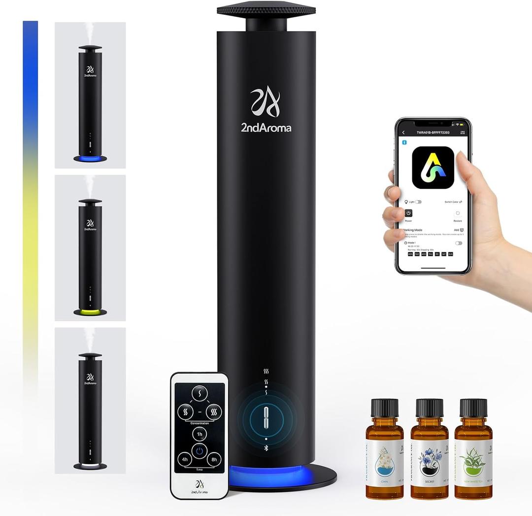 Waterless Scent Diffuser Starter Kit, Diffusers for Home Office Hotel 1000 Sq Ft Coverage, Cordless Essential Oil Diffuser Large Room with 3 Mood Lights, 3 Scent Oils, App Control, Black