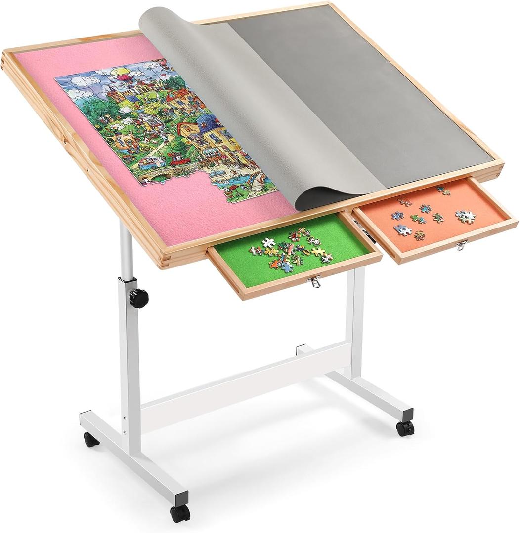 Vasitelan Adjustable Wooden Jigsaw Puzzle Table with Wheels, Puzzle Tables Fits 1500 Piece Puzzles,Wooden Puzzle Board for Adults (Pink, with 2 Drawer)
