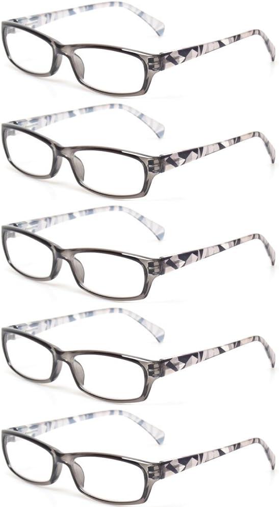Kerecsen Reading Glasses 5 Pairs Fashion Ladies Readers Spring Hinge with Pattern Print Eyeglasses for Women (5 Pack Gray, 1.75)
