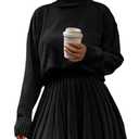 Jenisso Women's 2 Piece Outfits Turtleneck Long Sleeve Oversized Pullover Sweaters And Pleated Mini Skirt Two Piece Sets, Black, Size S