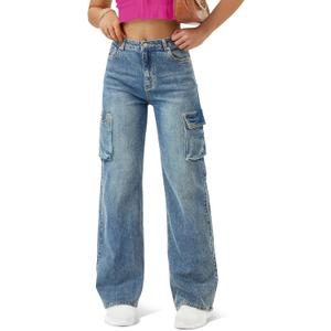 Women High Waisted Cargo Jean for Women with 6 Pockets Straight Wide Leg Jean Casual Baggy Pants (14, Blue001)