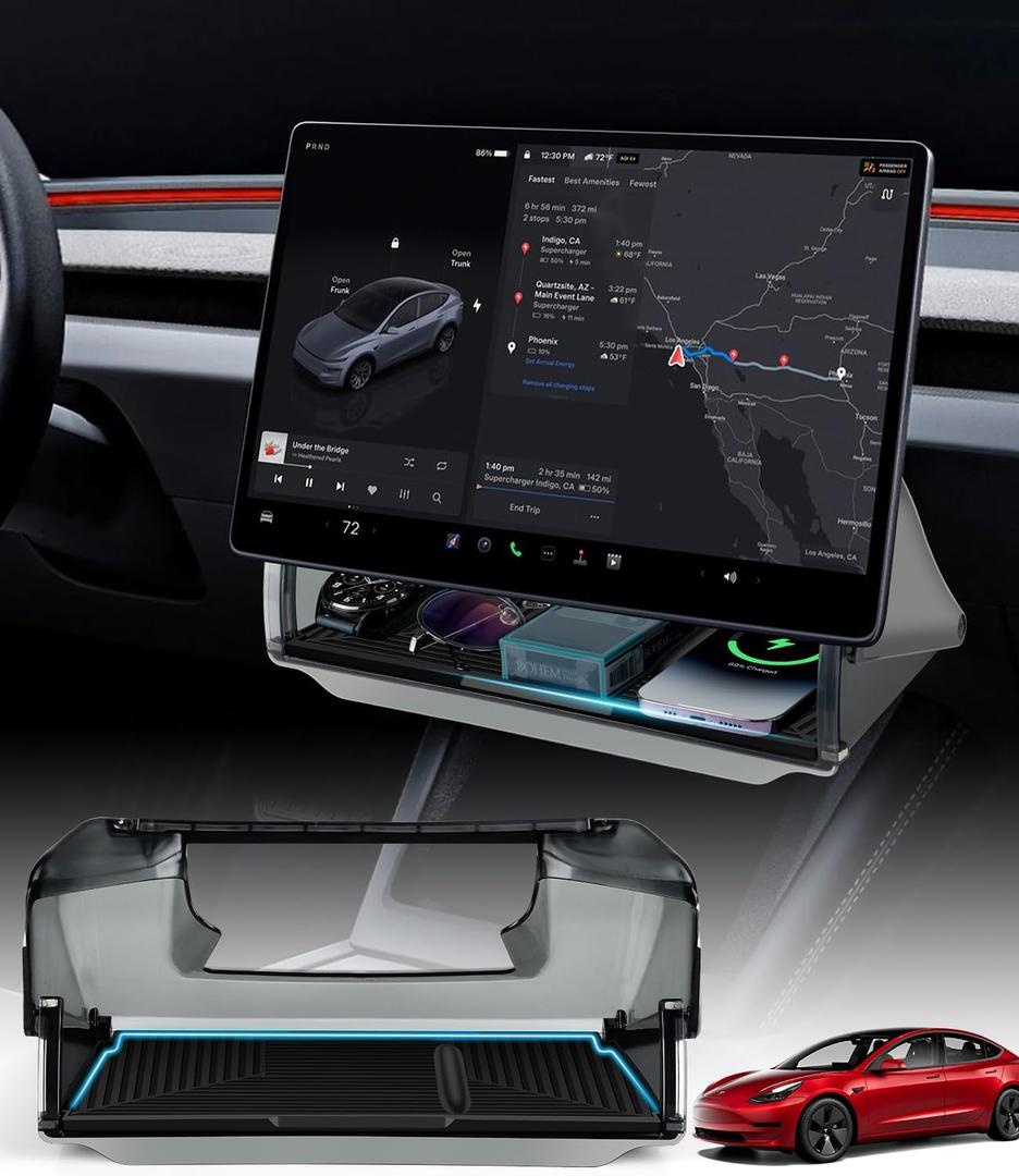Hidden Under Screen Storage - with Silicone Anti-Slip Mat Fit for 2016-2026 Tesla Model Y & 3 (Including Model 3 Highland) - Hidden Design Center Console Organizer Tray