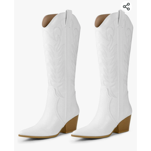 Arromic Cowboy Boots for Women Comfortable Womens Embroidered Western Cowgirl Knee High Boots Pointed Toe Zipper Chunky Heel Country Outfit Retro Tall Boots 7