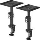 suptek Clamp-on Speaker Stand Desk Mount Set, Height Adjustment, Tilt, Swivel, 9.6 x 8.8 inch Trays, Universal Audio Holders for Computer and Bookshelf Speakers, Elevated Sound, 2 Pack, Black, SDM001B