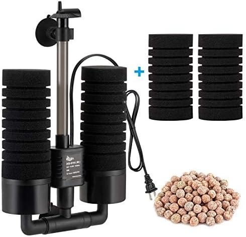 AQQA Aquarium Sponge Water Filter, Power Driven Double Biochemical Filter, Quiet Submersible Foam Filter with 2 Extra Sponges, 1 Bag of Filtered Ceramic Balls for Fresh and Salt Water Fish Tank (M)