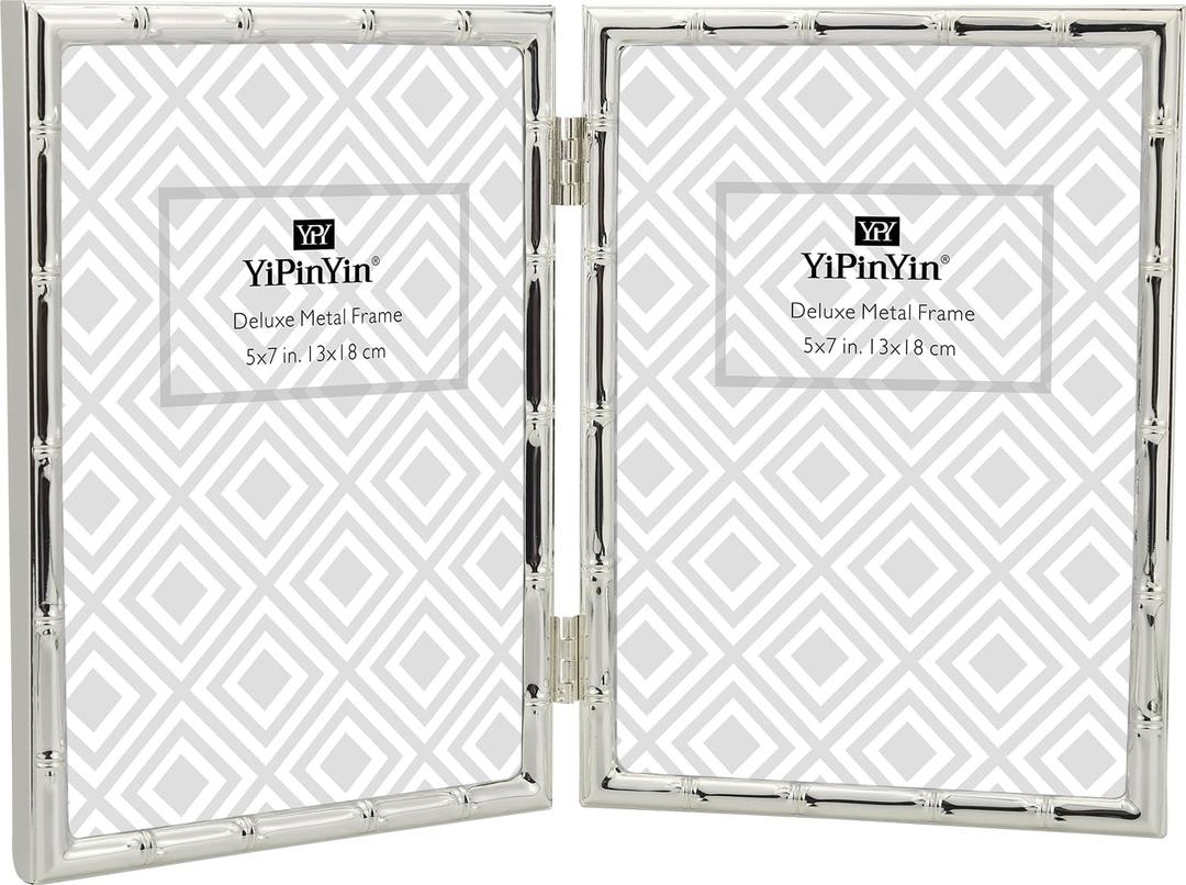 5x7'' Bamboo Detail Double Photo Frames, Silver double Metal Picture Frame 7x5'', Elegant Thin Edge Photo Frames 5x7'' With Soft Velvet Backing and Real Glass Front for Desktop