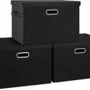 Large 17" 36 Quart Collapsible Stackable Storage Bins with Lids, 3 Packs Black Linen Fabric Closet Boxes with Lids, Storage Cube Baskets Container Organizers for Bedroom Office(17 x12 x11)