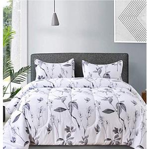 Nanko King Comforter Set 3pc,White and Gray/Grey Floral Reversible Down Alternative Microfiber Bedding - All Season Comforter and 2 Pillowshams Bed Sets for Women, 104 x 90 Size Flower
