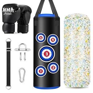 Hanging Punching Bag for Kids, 2FT PU Leather Kicking Bag with Boxing Bag Gloves, Heavy Bag Boxing Equipment for Training Karate Muay Thai Kick Taekwondo (Unfilled)