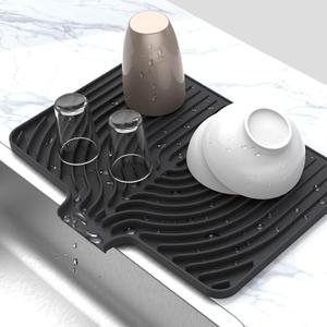 JOOKKI Silicone Drying Mat for Kitchen Counter,18"×12" Silicone Dish Drying Mat with Board Drain,Rubber Kitchen Counter Dry Matt for Dishes Drying Rack(black)