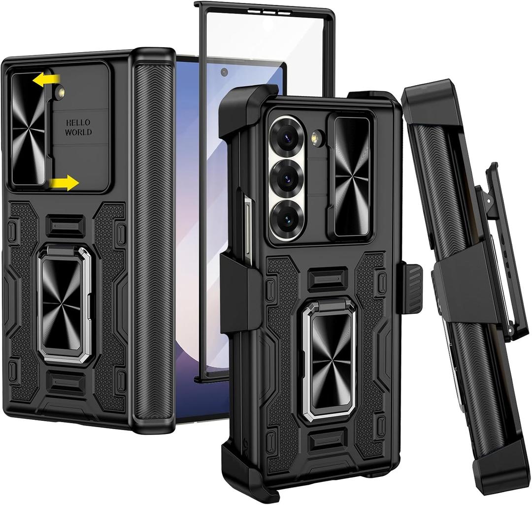 VEGO for Galaxy Z Fold 6 Case with Belt Clip Holster, 360Ring Magnetic Kickstand & Camera Cover & Front Screen Protector & Hinge Protection Shockproof Armor Case for Samsung Z Fold 6 - Black