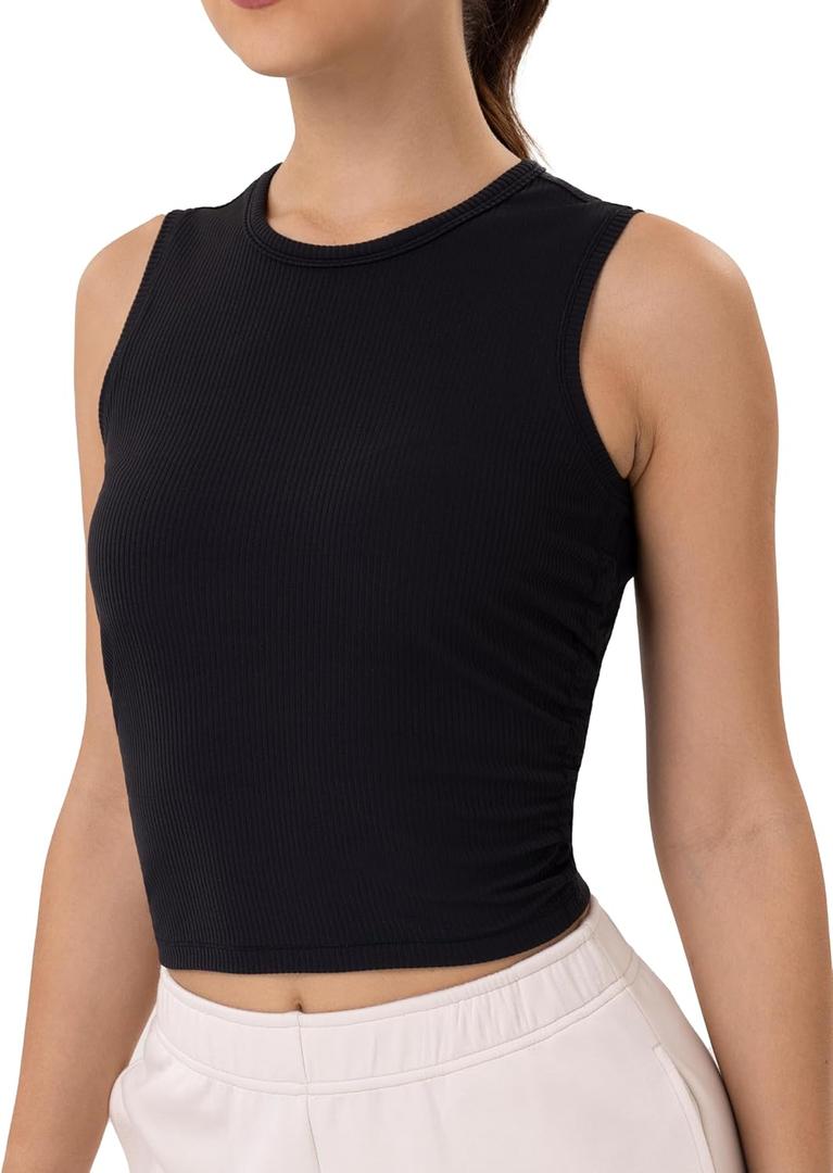 3 x YUNOGA Workout Tank Tops for Women Athletic Sleeveless Ribbed Crop Tops Essentials High Neck Crew Neck Yoga Tanks Shirts (Black, XL)