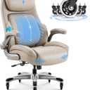 COLAMY Office Ergonomic Desk High Back Executive Chair with Pop-Out Lumbar Support, Upgraded Casters, Adjustable Headrest, Flip-Up Arms, Leather Home with Thick Cushion for Comfort - Black