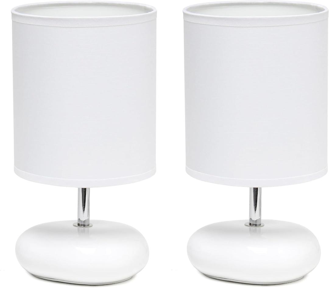 Simple Designs LT1153-WHT-2PK Petite Circle Stone Table Lamp 2 Pack Set for Bedroom, Kids Room, Office, Living Room, Nursery, Reading Nook, White
