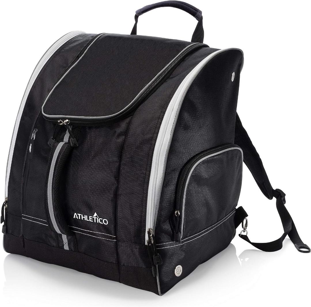 Athletico Ski Boot Bag  Skiing and Snowboarding Travel Luggage  Stores Gear Including Jacket, Helmet, Goggles, Gloves & Accessories  Venting and Grommets for Snow Drainage (Black with White Trim)