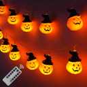 Remote Control Halloween Pumpkin String Lights - 30LED 16.4Ft with Witch Hat | Waterproof Outdoor/Indoor, 8 Modes + Timer, Pet-Friendly | Warm Orange Fall & Party Decor for Patio, Yard