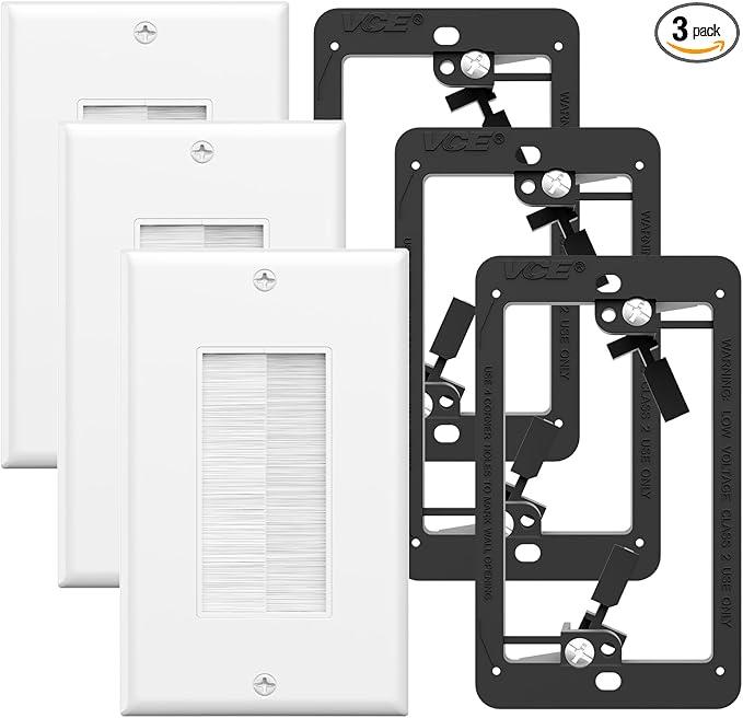 VCE Brush Wall Plate with Low Voltage Box, Decorator Wall Cover with Low Voltage Mounting Bracket for WallMount TV, Black, 3Pack (White+Black)