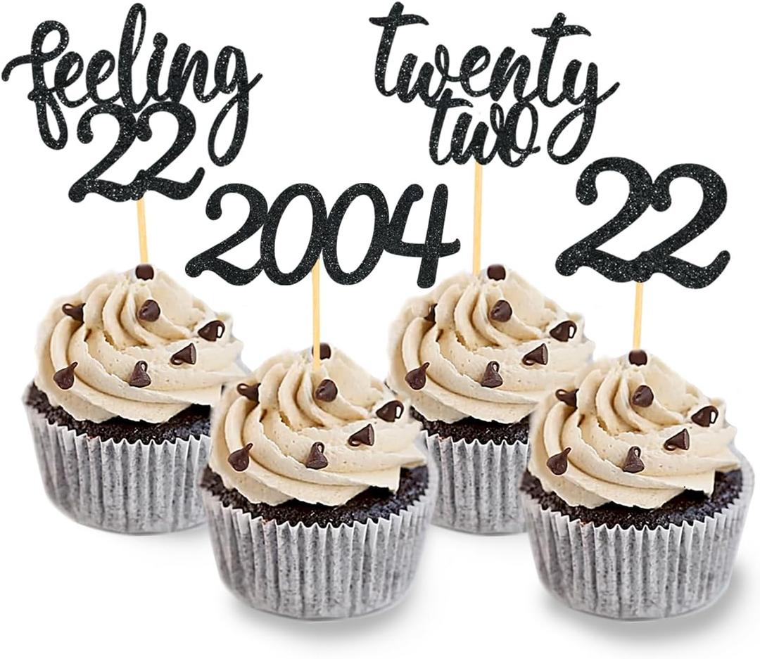 24pcs Feeling 22 Cupcake Toppers, Twenty Two Birthday Cake Decorations, Cheer to 22 Years Old Theme Party Decoration Supplies (Black2)