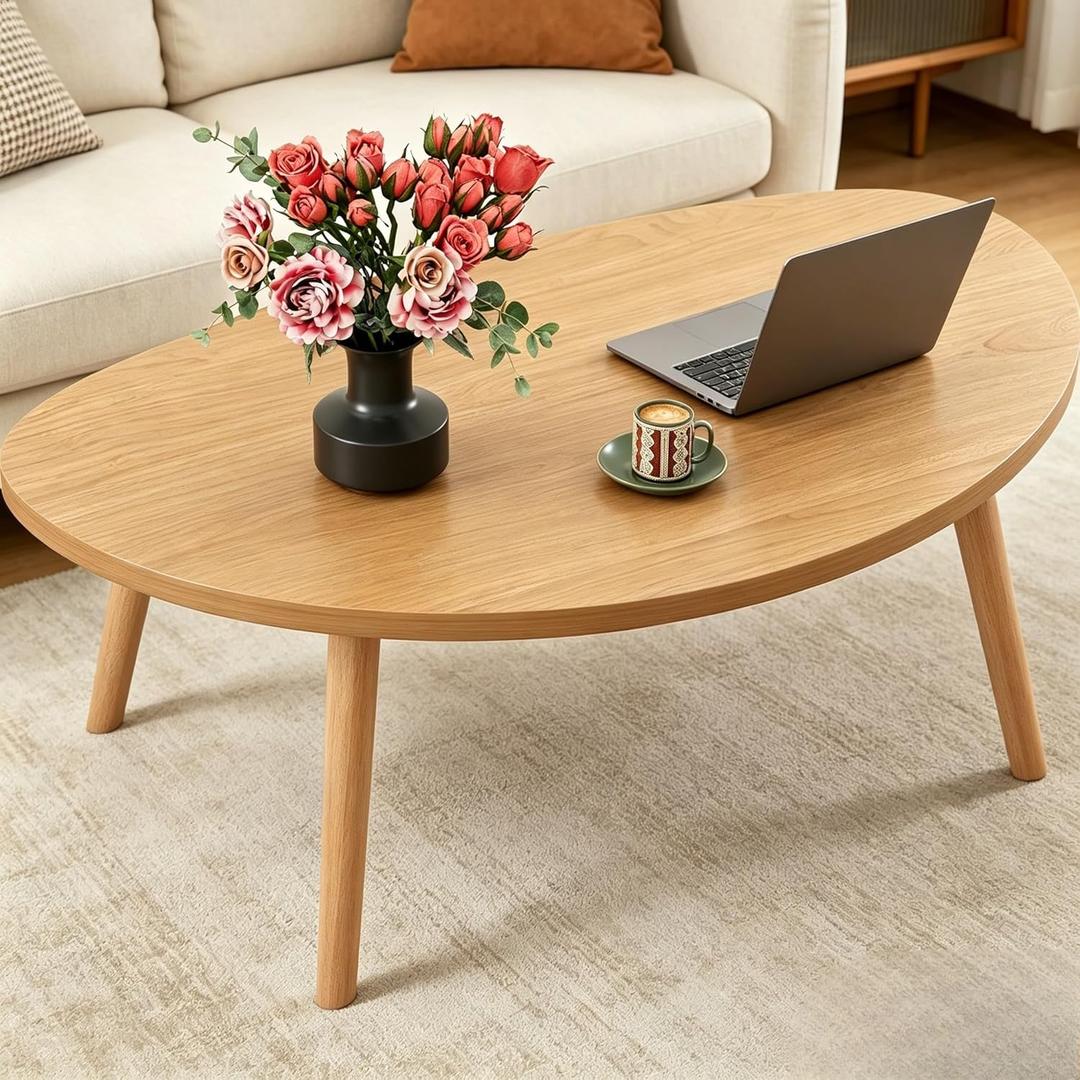 Coffee Table, 31.5" Low Coffee Tables with Solid Wood Legs Kidney Natural, 31.5"L x 19.7"W x 16.3"H