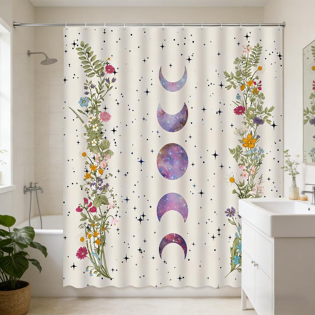 Moon Phase Shower Curtain Boho Floral Celestial Wildflower Spring Plant Herbs Beige Bathroom Decor(70" WX70 H)