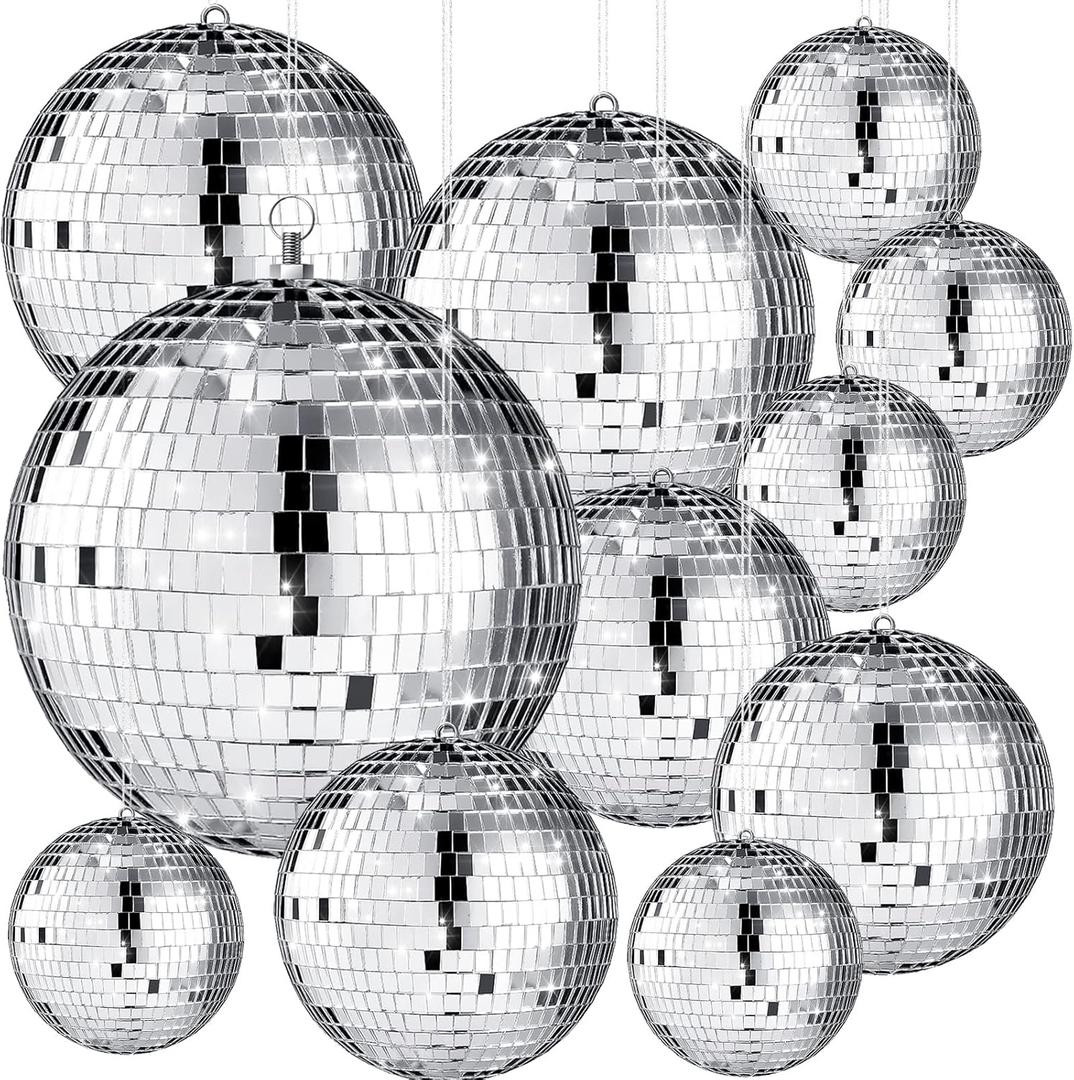 Libima 12 Pack Large Disco Ball Bulk Silver Hanging Mirror Ball Ornament Different Size for Stage Club Christmas Party Decoration(8'', 6'', 4'', 3'') Libima 12 Pack Large Disco Ball Bulk Silver Hanging Mirror Ball Ornament Different Size for Stage Club Christmas Party Decoration(8'', 6'', 4'', 3'')
