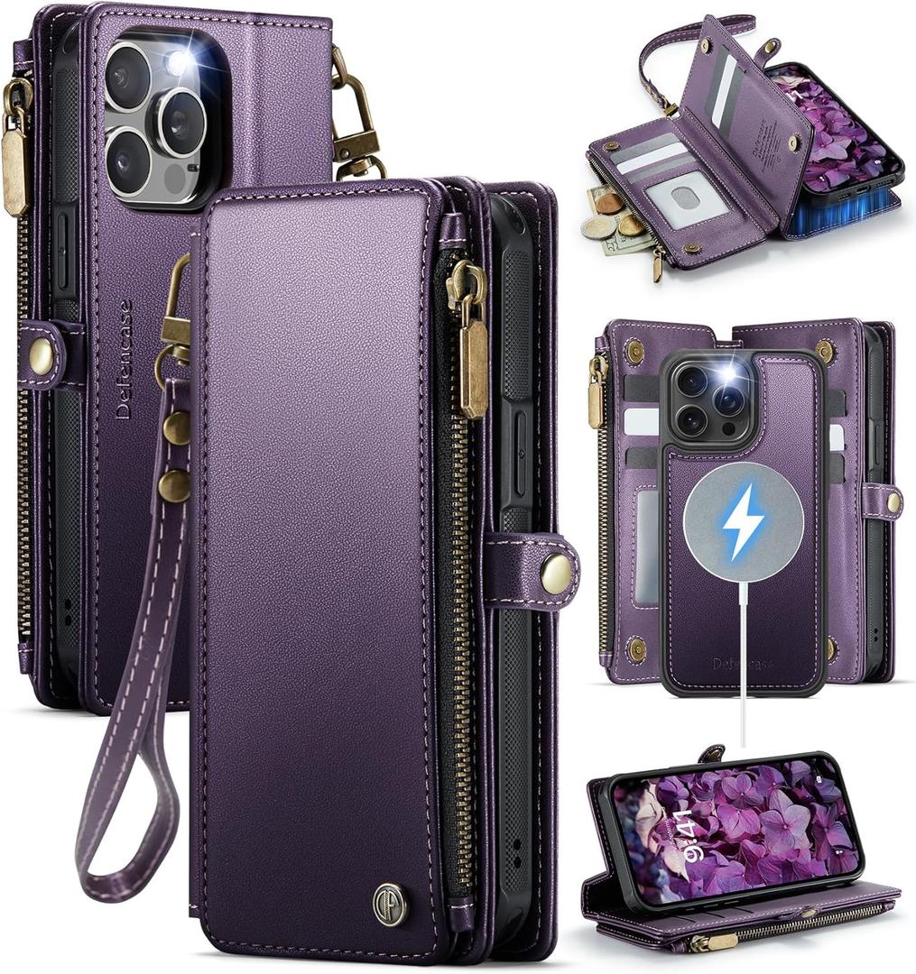 Defencase for iPhone 13 Pro Max Magnetic Wallet Case Compatible with Magsafe with RFID Blocking Zipper Strap Card Holder for Women Men, PU Leather Detachable Case for iPhone 13 Pro Max (6.7"), Purple