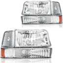 Headlight Assembly, Headlights Replacement Compatible with 1992 1993 1994 1995 1996 Ford F150 F250 F350/1992-1996 Bronco Headlamp Bumper Lamp Set Chrome Housing Amber Reflector