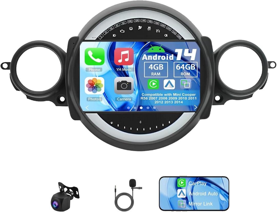 Android 14 Car Radio Compatible with Mini Cooper R56 2007 2008 2009 2010 2011 2012 2013 2014, 4G+64G 9" Touch Screen Car Stereo with Wireless Carplay Android Auto GPS WiFi Mic Backup Camera