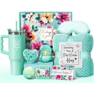 Birthday Gifts for Women Self Care Gifts Get Well Soon Gifts, Ocean Relaxing Spa Gifts Basket Care Package w/ Luxury Flannel Blanket 40 oz Tumbler, Mothers Day Gifts for Mom Wife Her Girlfriend Sister