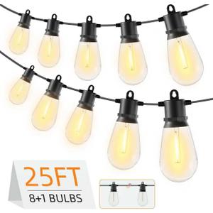 25FT Outdoor String Lights IP65 Waterproof Patio Lights with 8 + 1 Shatterproof LED Bulbs Commercial Grade LED String Lights Connectable Hanging Decorative Lights for Outdoor Balcony Yard