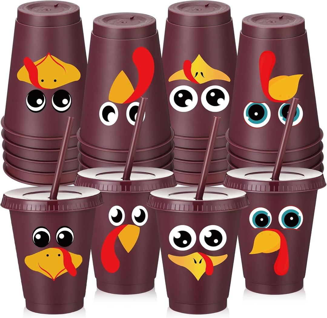 24 Pcs Thanksgiving Plastic Tumbler with Lids Straws 16 oz Thanksgiving Party Plastic Tumbler Reusable Fall Cups for Iced Coffee Tea Drinks Autumn Harvest Party Supplies (Funny Turkey)