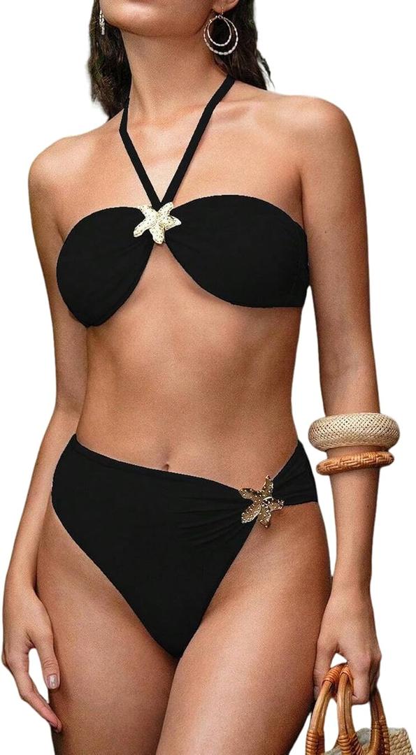 SherryDC Womens Cheeky Bikini Sets Sexy Bandeau Self Tie High Cut Swimsuit Bathing Suit (Medium, 201-black)