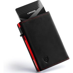 LORZOR Wallet for Men with Metal Card Holder, Pop Up Wallet, Finest Full Grain Leather Trifold Wallet, Smart, Minimalist, RFID Blocking, Front Pocket, ID Window, Black/Red