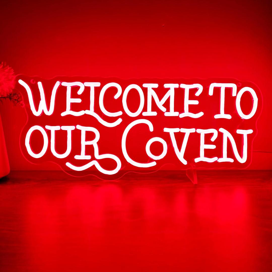 Welcome to Our Coven Red Neon Sign Witchy Room Decor Gothic Aesthetic Light Mystical Gift USB Powered with Dimmer for Bedroom Home Party Wall Decor, 16.92 x 7.29 inches