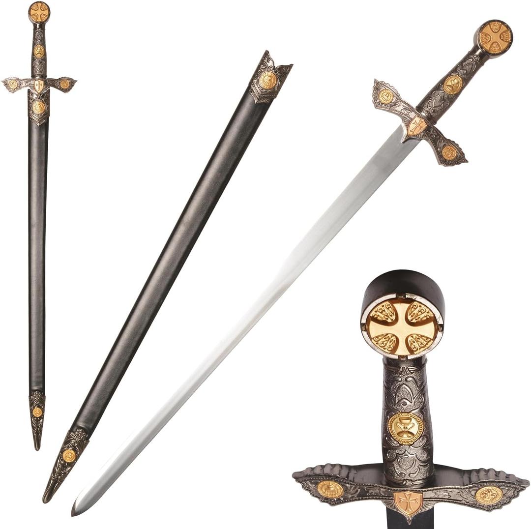 Stainless Steel Medieval Cross Crusader Knight Templar Sword for Collection, Cosplay, Display-32.9 Inch