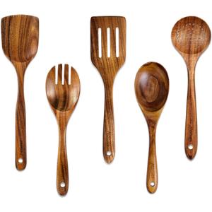 Wooden Spoons for Cooking, 5 Pcs Wooden Utensils for Cooking Natural Teak Wooden Kitchen Utensils Set
