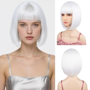 White Bob Wig with Flat Bangs Include Wig Cap Heat Resistant Synthetic Fiber 12" Short Corlorful Wigs for All Women Halloween Costume Party (White)