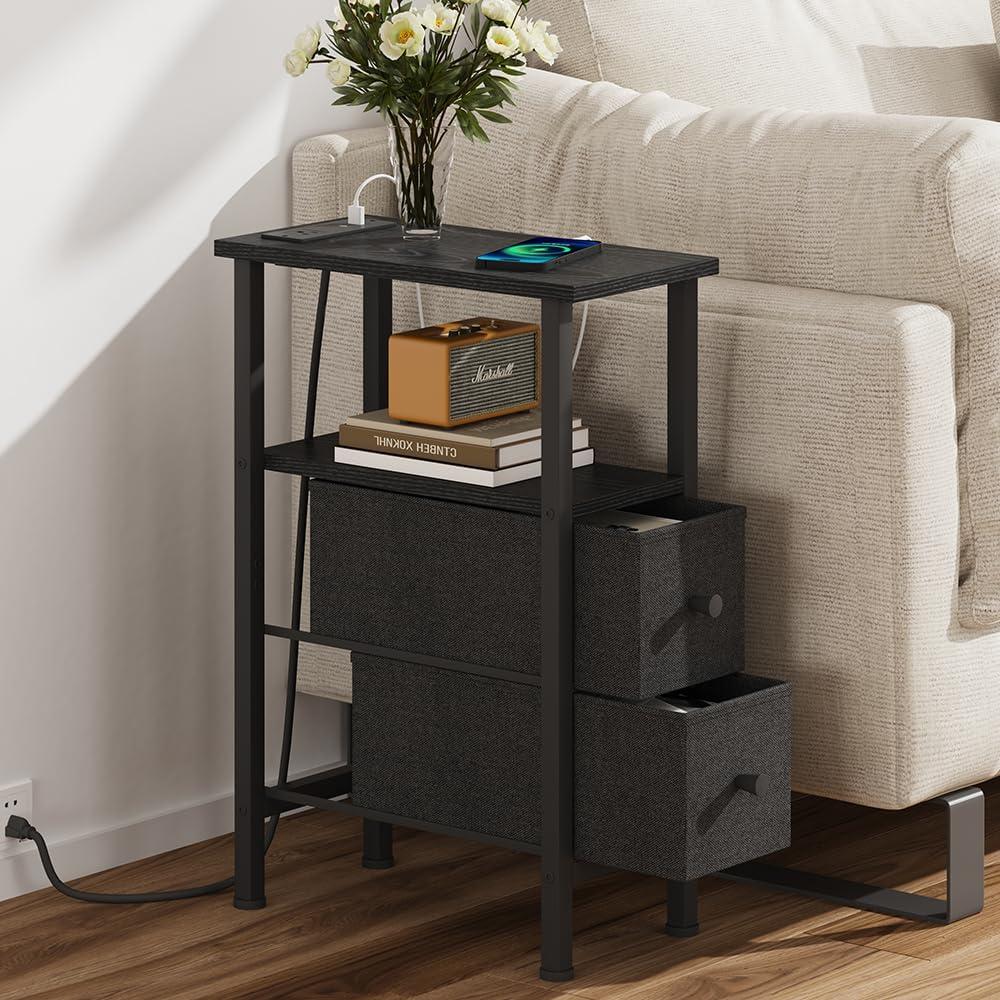 Narrow Side Table for Small Spaces, Skinny End Table with Charging Station, Sofa Beside Table with 2 Fabric Drawers and 1 Open Compartment, Slim Nightstand with USB Ports Outlet, Black UTBT004B