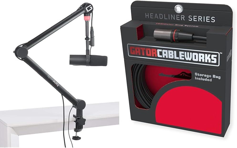 Gator Frameworks Professional Desktop Broadcast/Podcast Microphone Boom Stand with On-Air Indicator Light + Cableworks Headliner Series Premium 10ft XLR Cable
