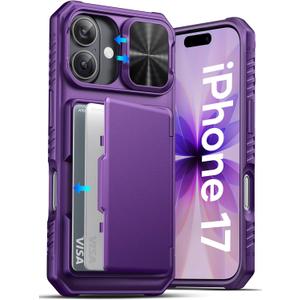 ATATOO for iPhone 17 Case, Built-in Card Holder (Store 3-5 Cards) & Slide Camera Cover & RFID Blocking, Military Grade Protection, Hard Wallet Phone Cover Case for iPhone 17 6.3" 2025, Dark Purple