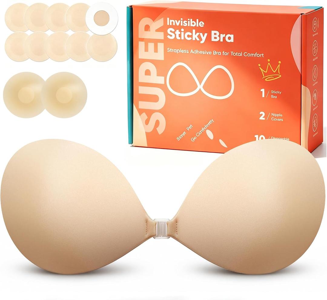Strapless Sticky Bra for Women, Invisible Adhesive Backless Push Up Bra | Segmented Adhesive Design Provides Even Support With Lightweight, Breathable Seamless Fit for Gowns and Wedding Dresses, 34-38C/D, Beige