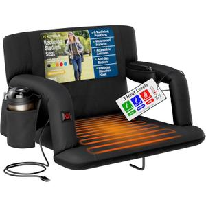 Alpcour Heated Reclining Stadium Seat for Bleachers Wide Bleacher Chair with Back Support and Cushion, Armrests, Side Pockets, & Hook Stadium Seats Chairs for Camping, Kayak, Paddle Board & More (Black) Size: 21" Wide