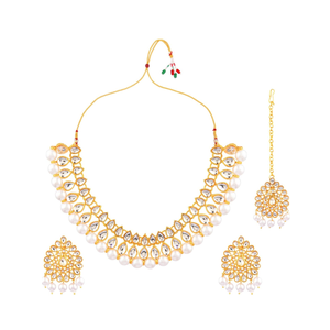 Efulgenz Kundan Necklace Indian Jewelry Kundan Crystal Faux Pearl Necklace Set Bollywood Wedding Choker Necklace Earrings Maang Tikka Bridal Set for Women