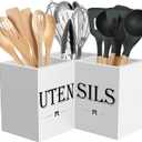 Suli Extra Large Kitchen Utensils Holder with 3 Compartments,Corner Utensil Caddy for countertop,Wooden Utensil Organizer for Kitchen Countertop, Farmhouse Decor- White