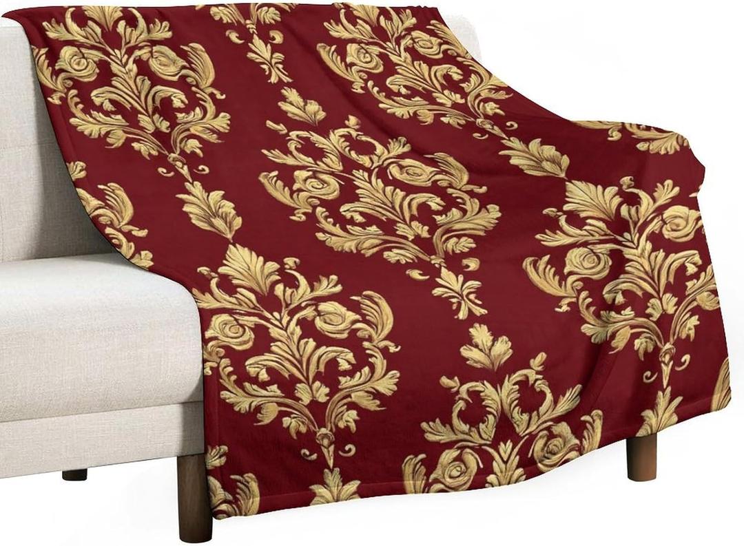 Men's Soft Winter Warm Blanket Soft Cozy Flannel Blanket Decor Sofa Couch Cover Flower Red Gold Floral Classy Burgundy Antique (50"x60", Color317)