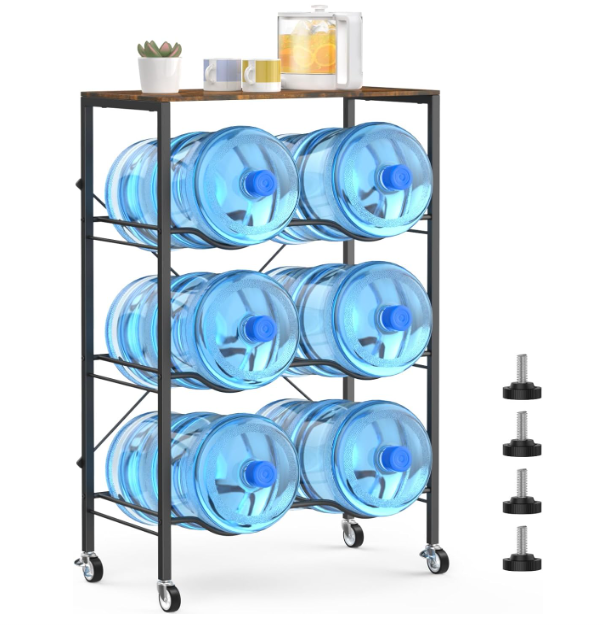3 Tier 5 Gallon Water Jug Holder 6-Tray Water Jug Rack with Top Shelf and 4 Wheels Heavy Duty Movable Water Jug Stand,5 Gallon Water Bottle Holder for Kitchen Office Living Room, Brown & Black
