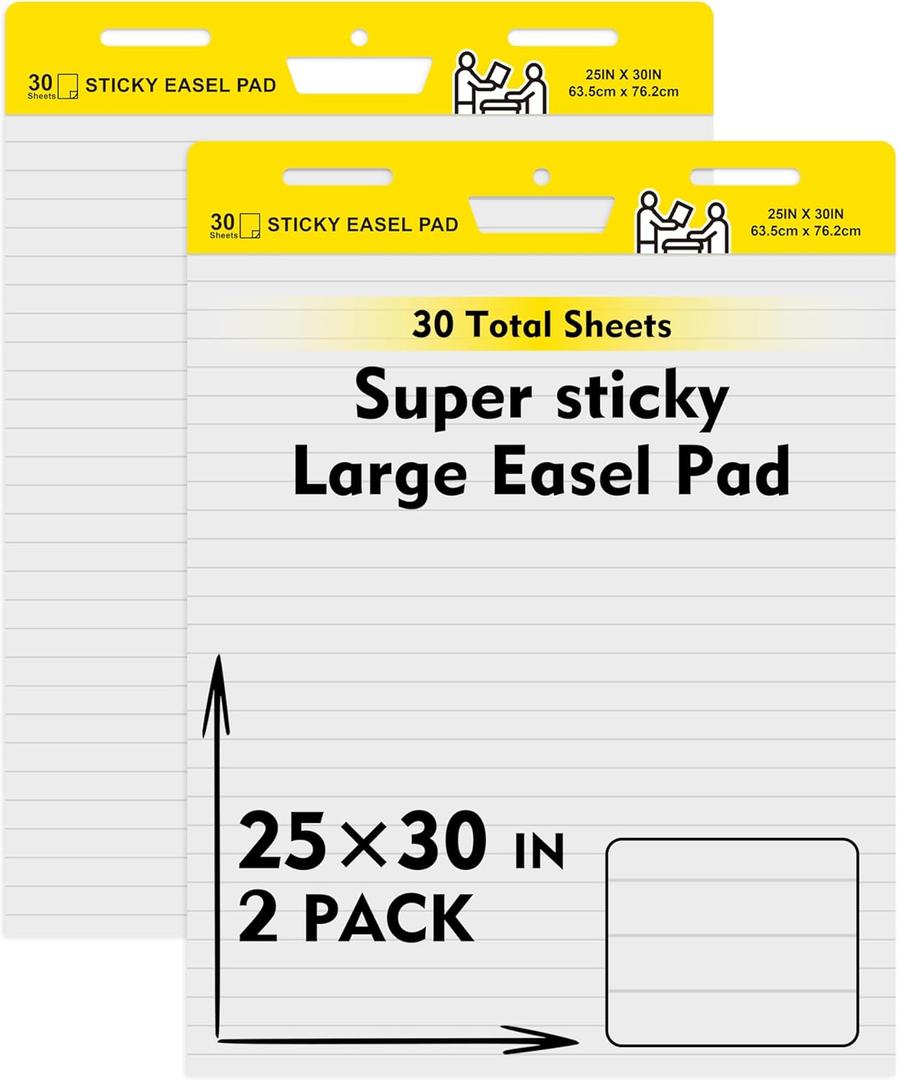 Pack of 2 Sticky Easel Pads, Poster Paper 25 x 30 Inches Large Self Stick Easel Paper, Flip Chart Paper for Teachers, Teacher Anchor Chart, 30 Sheets/Pad