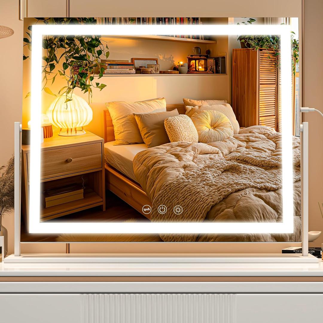 Vanity Mirror with Lights, 24'' x 20'' Lighted Makeup Mirror, Touch Screen with 3-Color Lighting, Dimmable for Vanity Desk Tabletop Square White