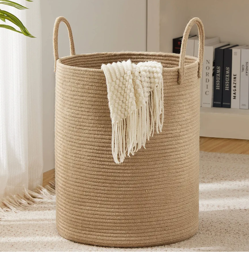 Jute Rope Laundry Hamper Basket by YOUDENOVA, 58L Tall Laundry Basket, Baby Nursery Hamper for Blanket Storage for Bedroom-Large-Jute